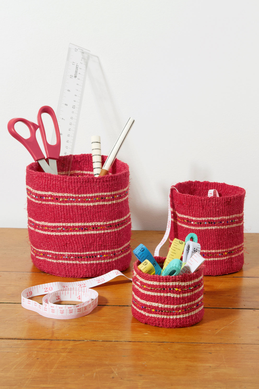 Set/3 Petite Garnet Sisal Baskets with Colorful Beads Default Title