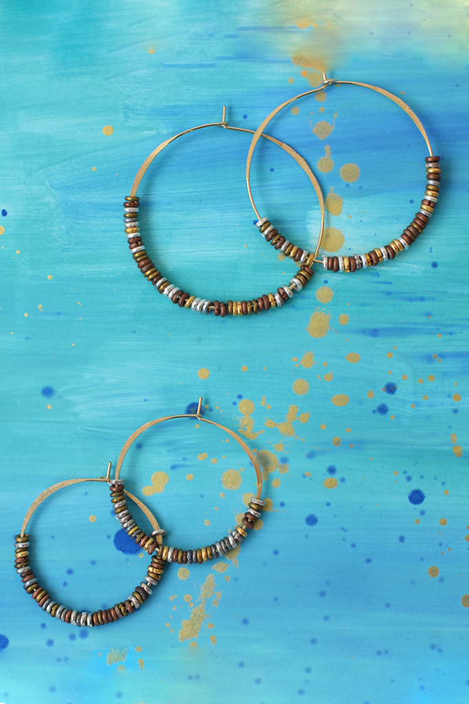 Hammered Hoop Earrings with Mixed Metal Hishi Beads - Large