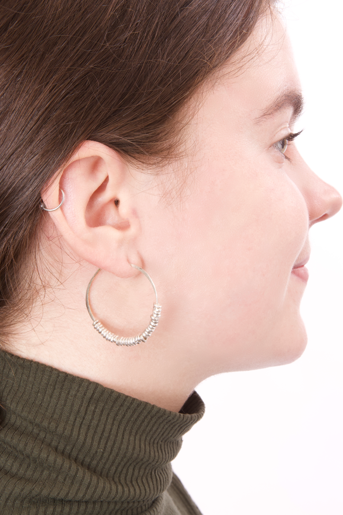 Sterling Silver Hammered Hoop Earrings with Silver Hishi - Small