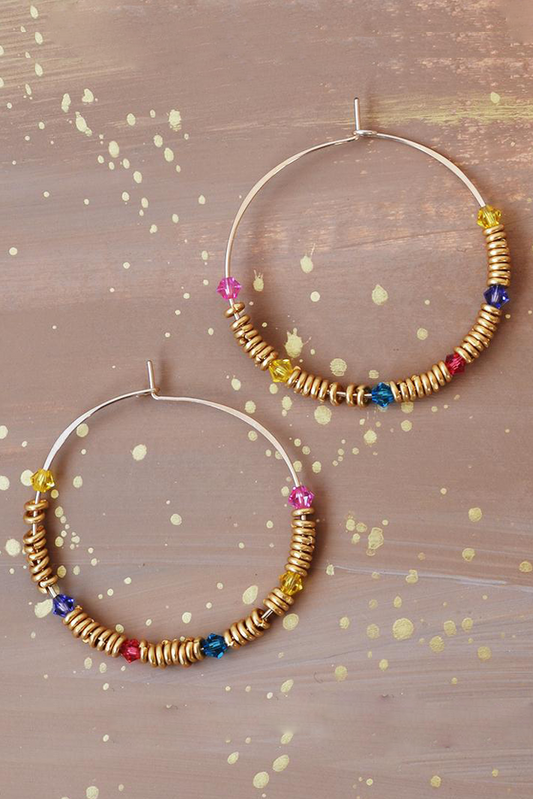 Gold Hammered Hoop Earring with Swarovski Crystals and Hishi