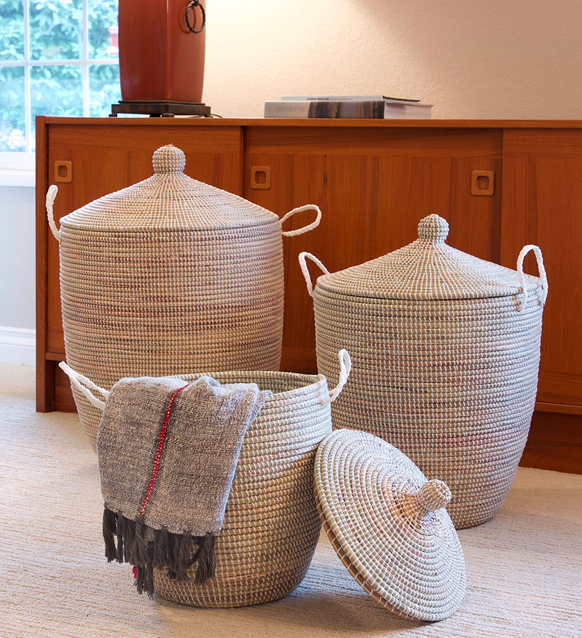 Set of Three Solid White African Hamper Baskets