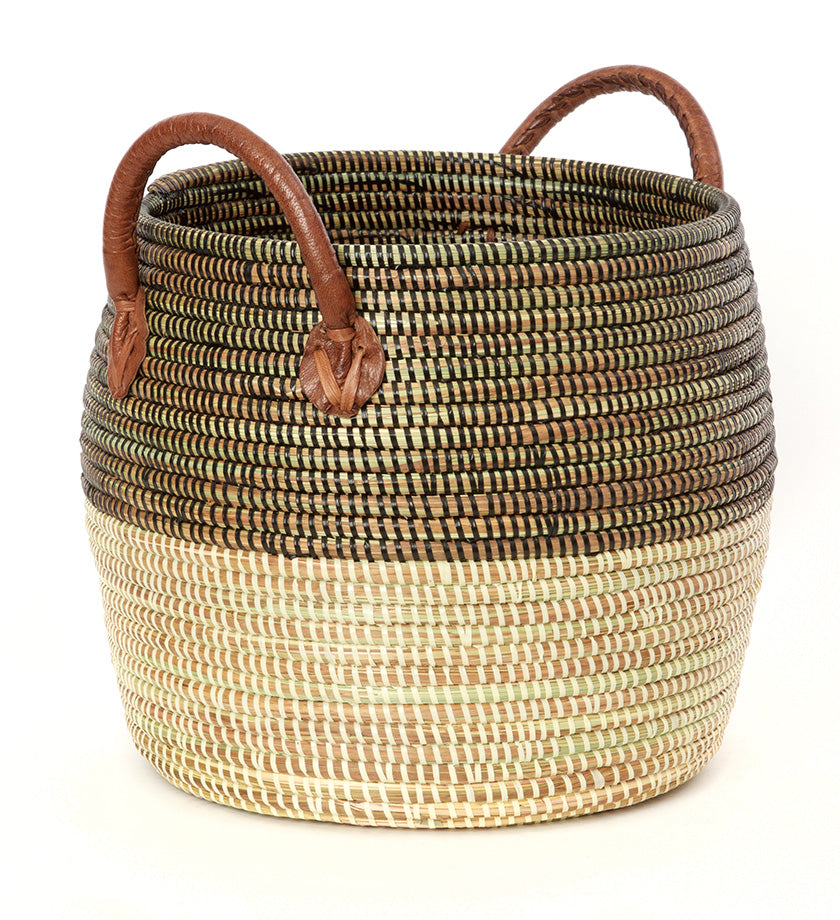 Set of 3 Mixed Pattern Wolof Baskets with Leather Handles