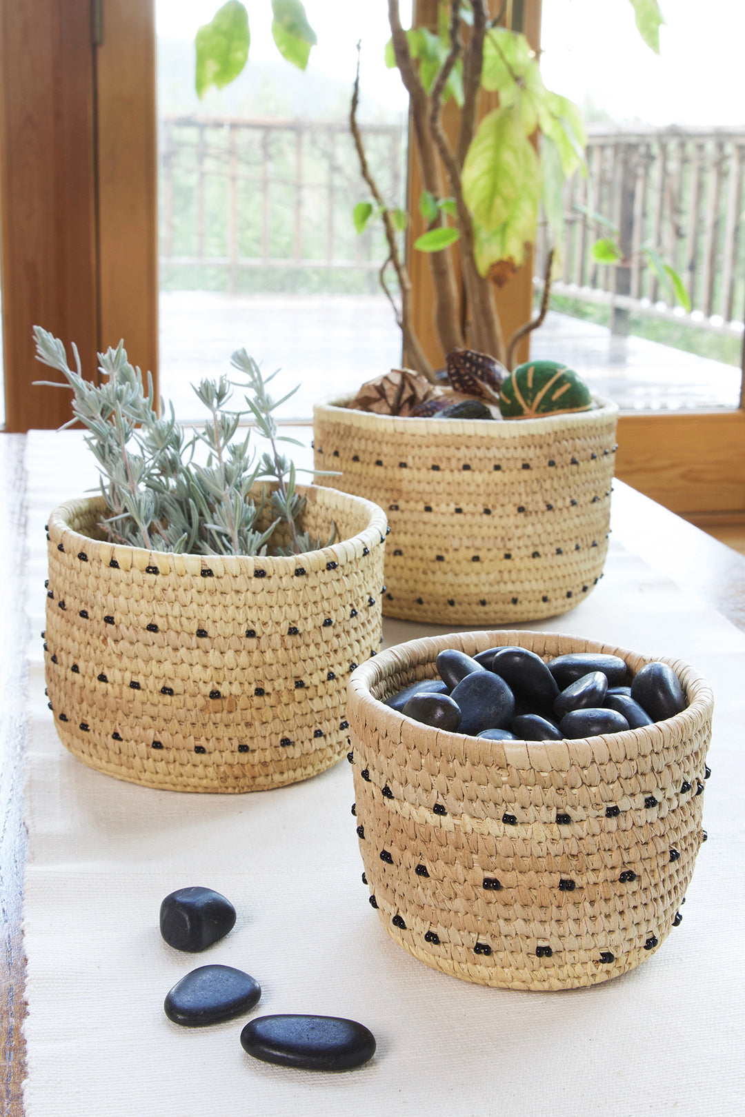 Nomadic Camel Milking Baskets with Black Beads Small Basket with Black Beads